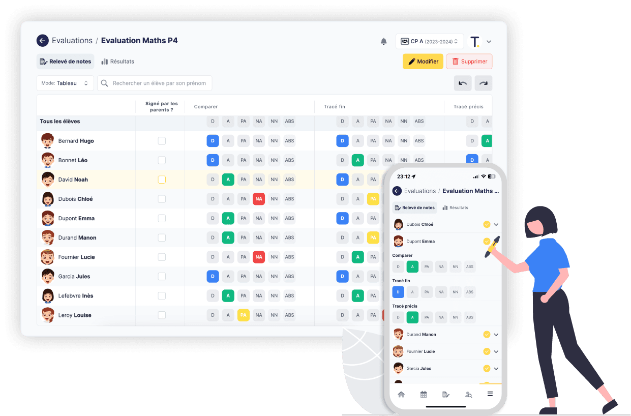 Teachapp pro, illustration de la gestion des évaluations et des notes